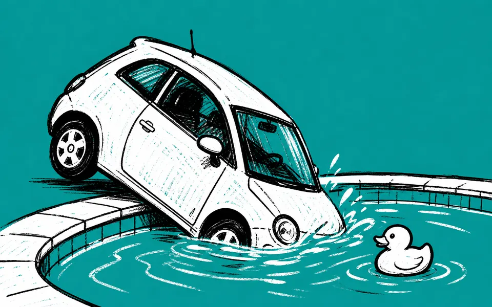 A drawing of a small car that has rolled into a swimming pool beside a rubber duck