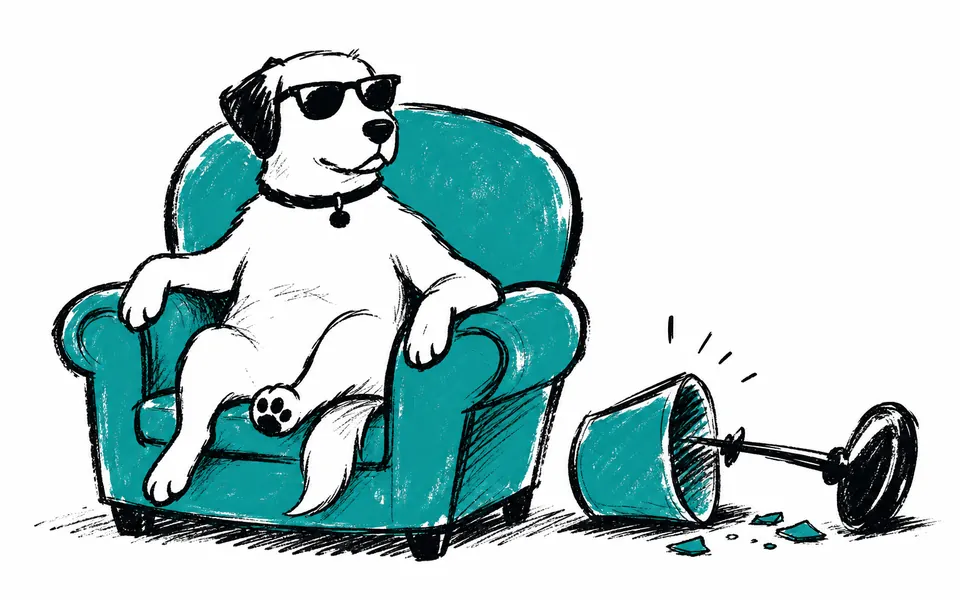 A drawing of a dog in sunglasses in an armchair beside a knocked-over lamp
