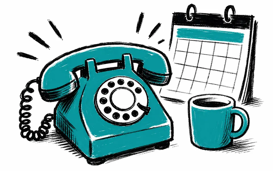 A drawing of a ringing desk phone, a calendar and a coffee mug