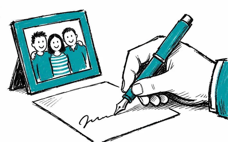 A drawing of a hand signing a note beside a framed team photo