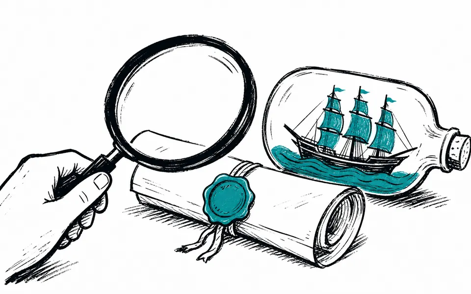 A drawing of a magnifying glass over a sealed document and a ship in a bottle