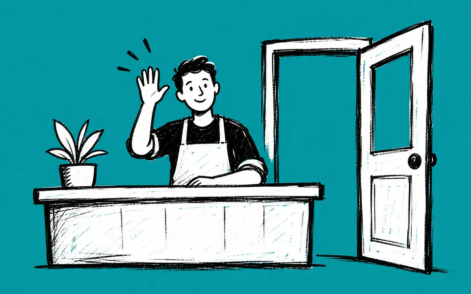 A drawing of a friendly person waving from behind a counter