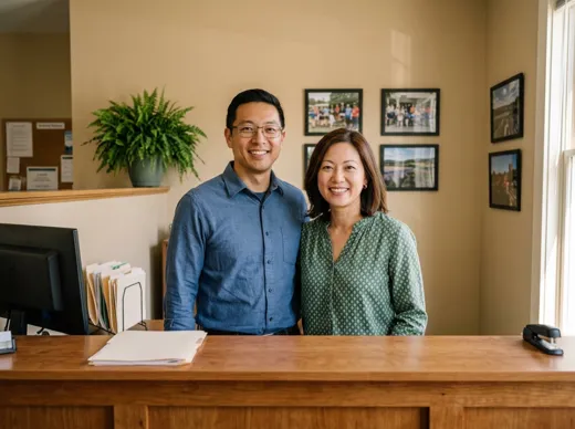 Mike and Sarah Chen behind their front counter