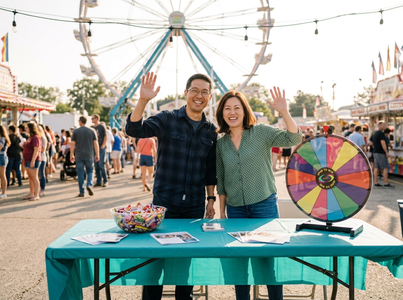 Mike and Sarah Chen waving from their booth at the county fair