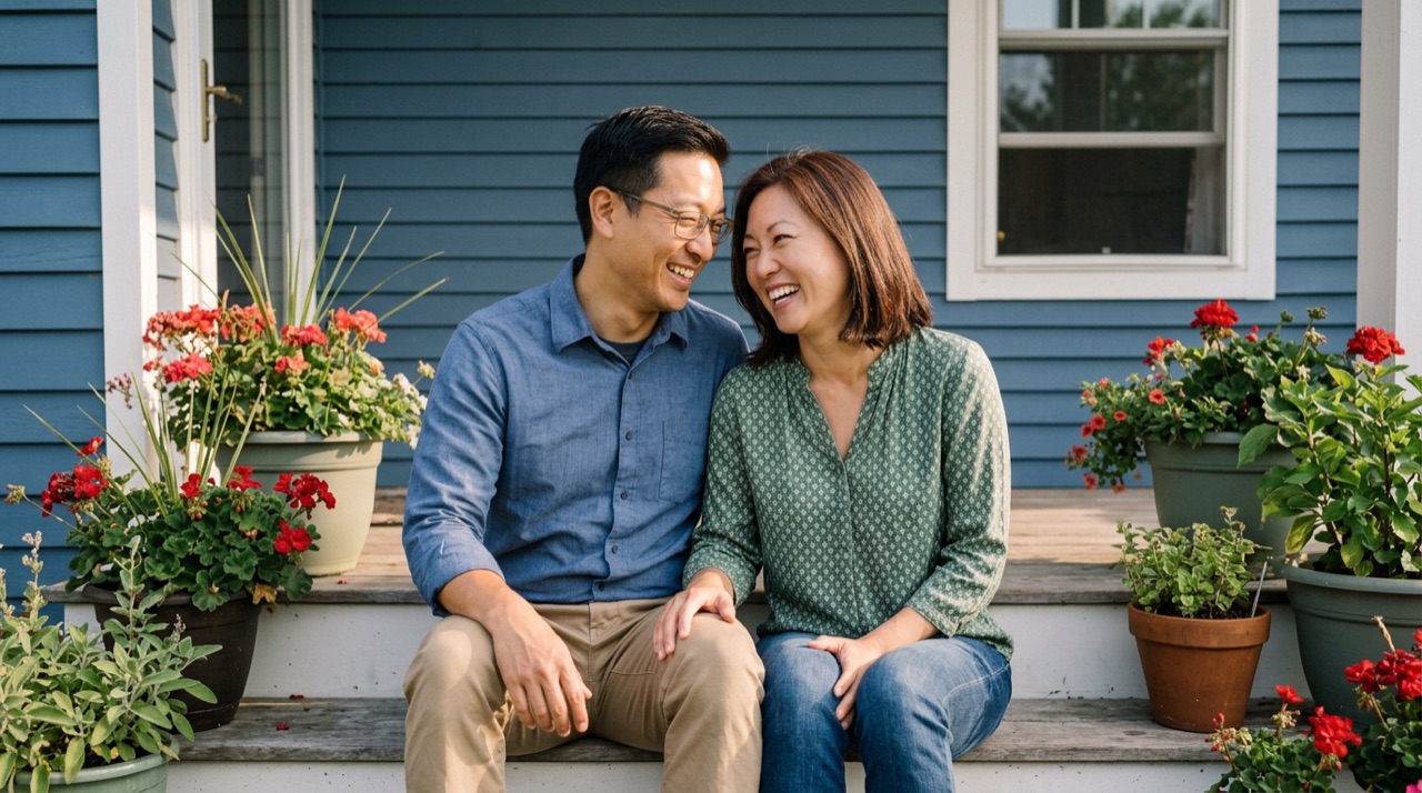 Mike and Sarah Chen laughing on their front porch